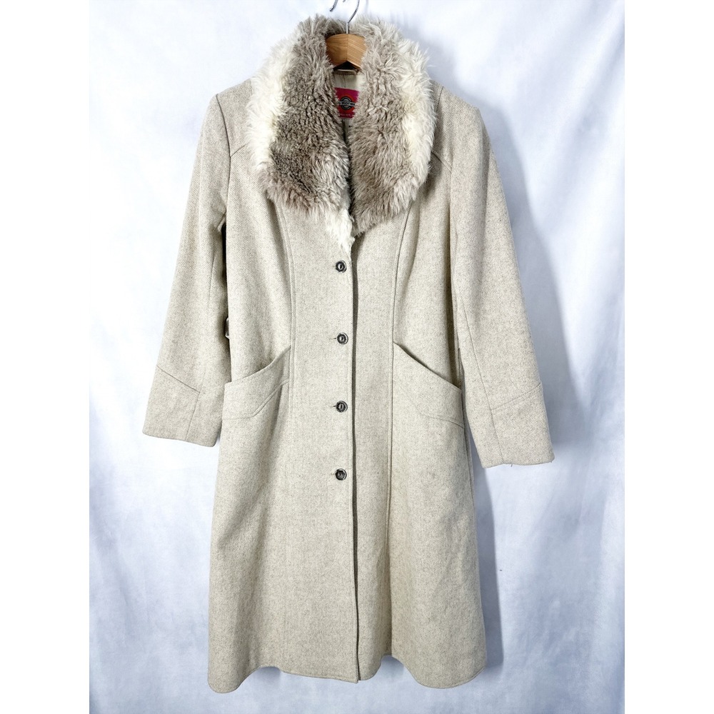 70s Vintage Ms. Pioneer Long Coat Beige Oatmeal Faux Fur Trim Overcoat Size 14